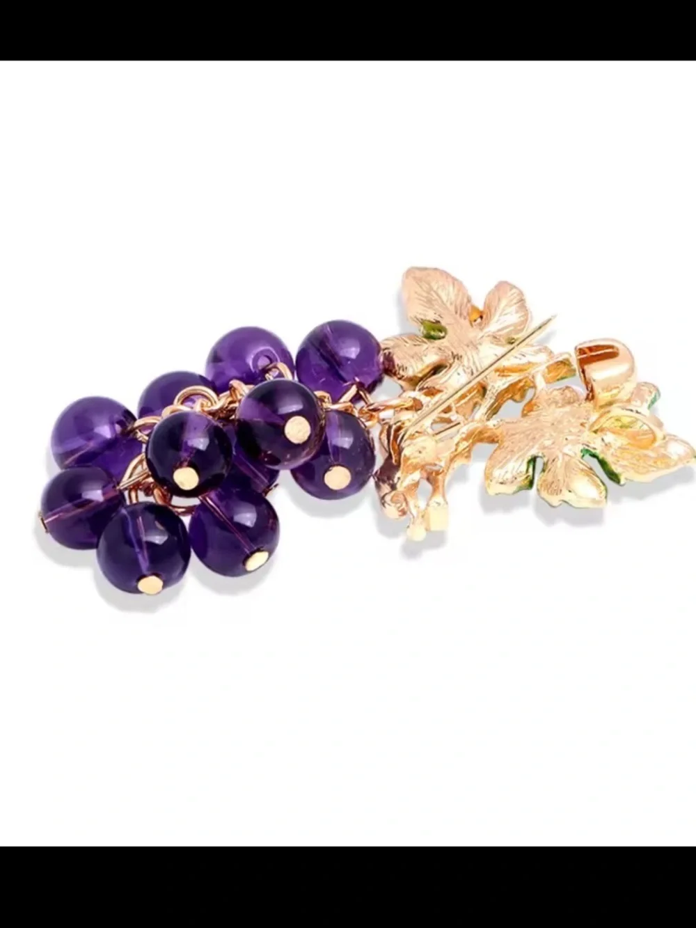 Purple  Grape Bead Cluster Crystal Leaves Brooch